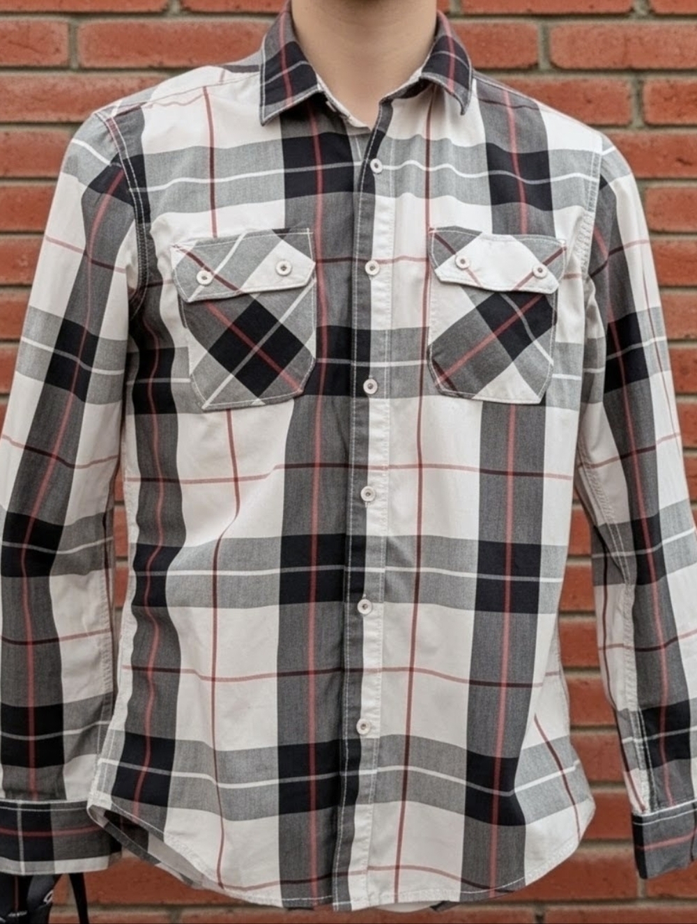 American Rag Black, White, and Red Plaid Button Down Shirt